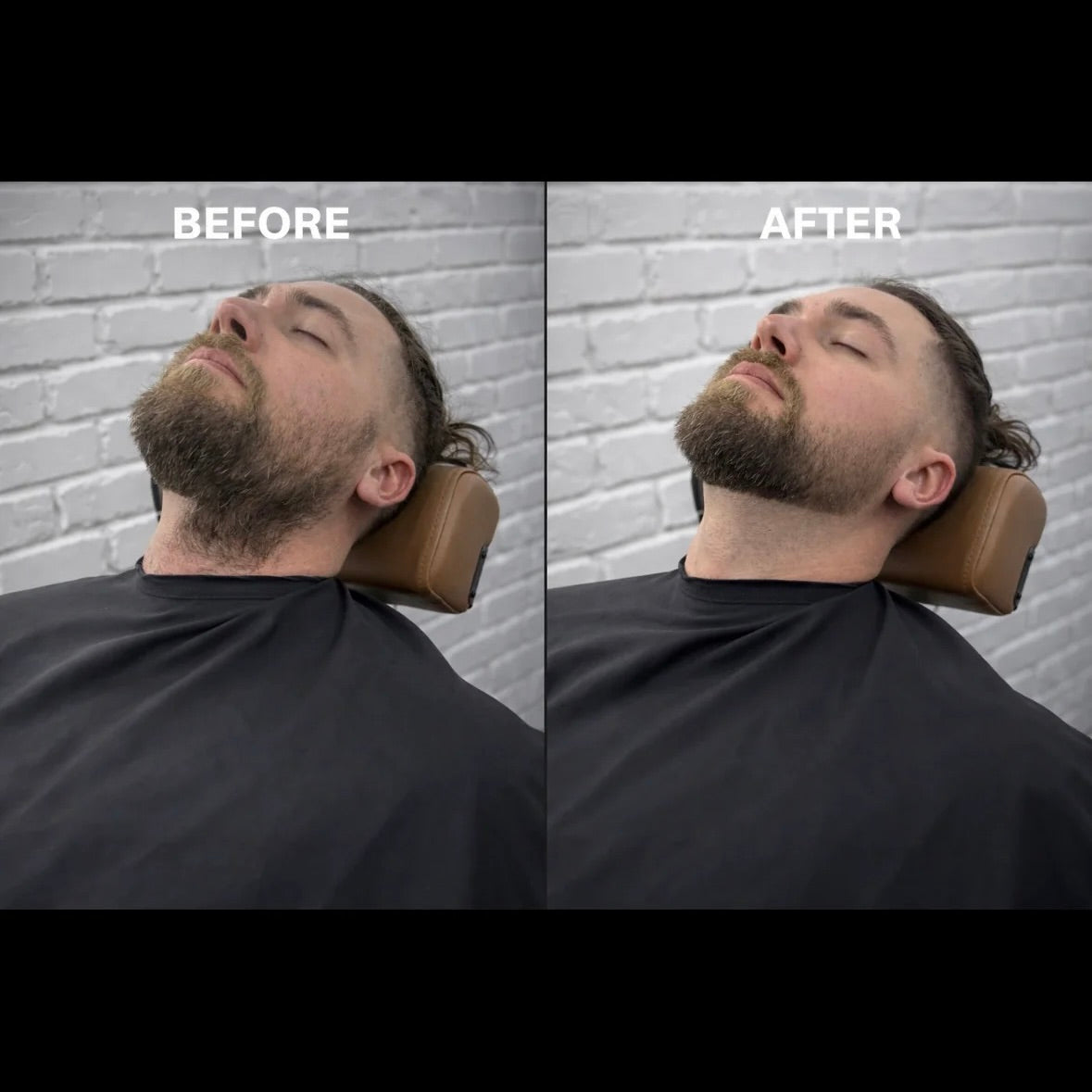 Before and after men’s haircut at Denim & Smith The Core downtown Calgary showing clean fade and styled finish