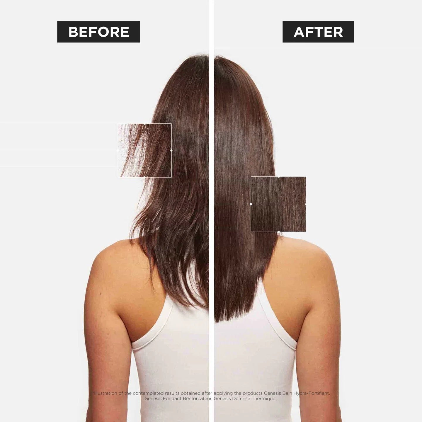 Before and after comparison of hair with a hair extension on a plain background
