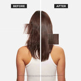 Before and after comparison of hair with a hair extension on a plain background