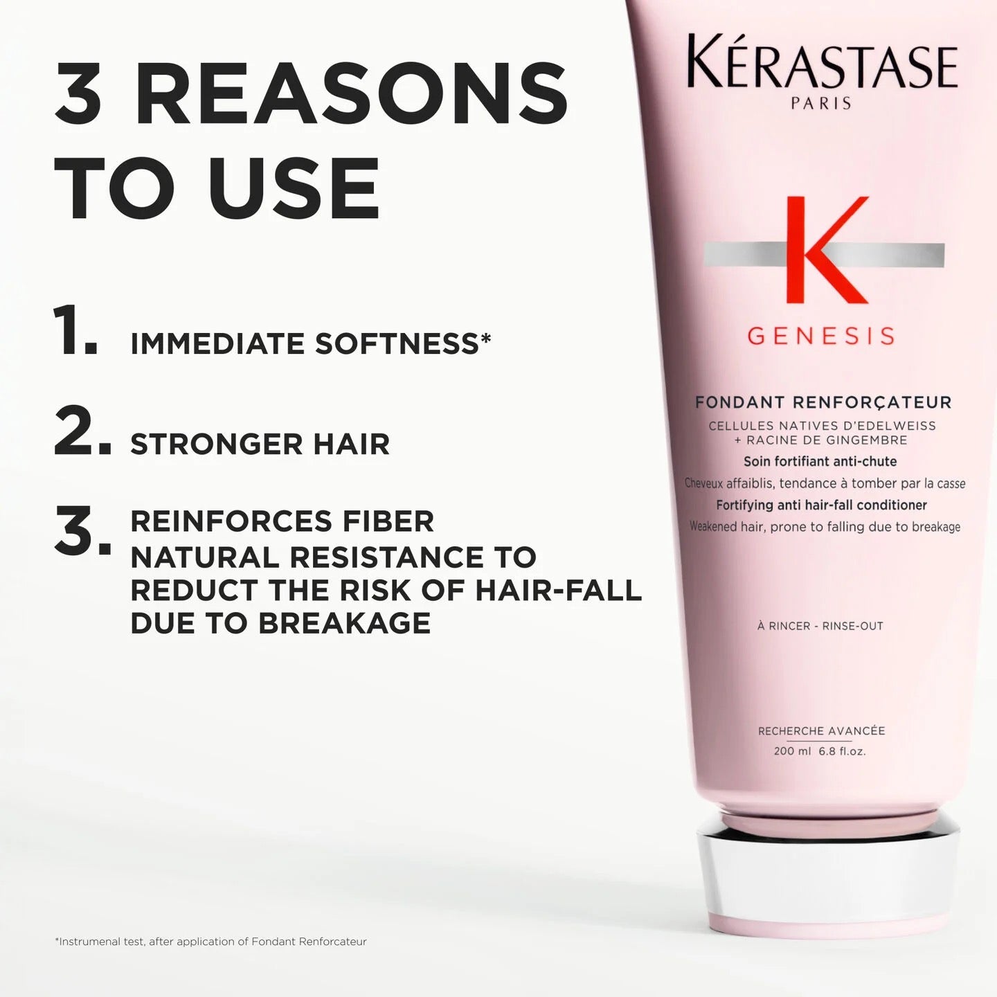 Kérastase Genesis conditioner bottle with text listing reasons to use it on a white background