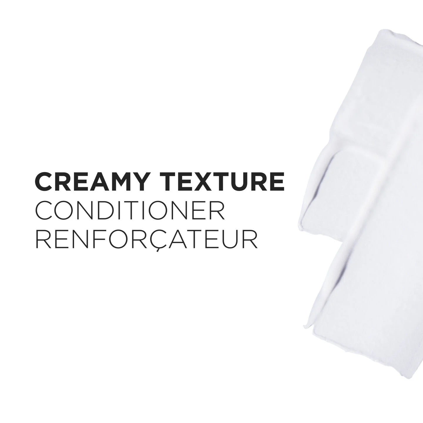 White towel with text 'Creamy Texture Conditioner Renforçateur' on a white background