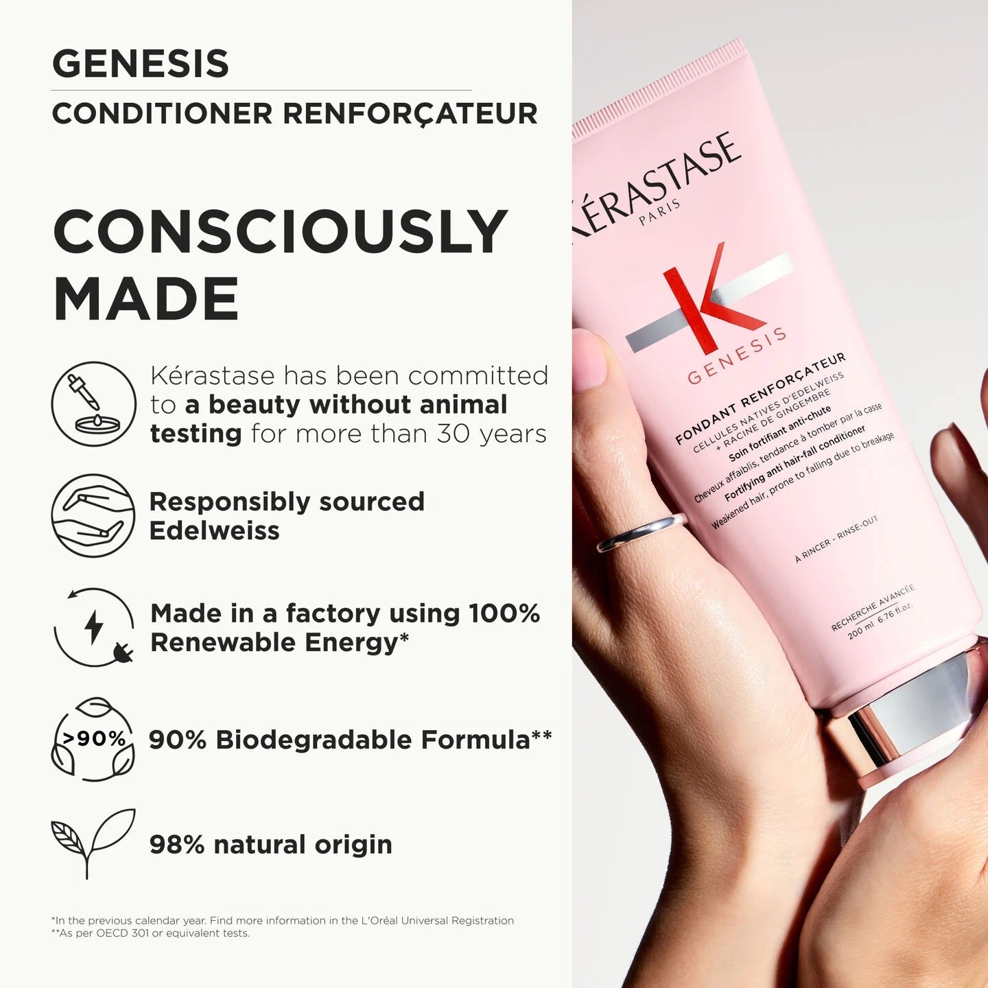Kérastase Genesis conditioner with text about sustainability and animal testing commitment.