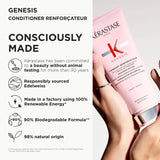 Kérastase Genesis conditioner with text about sustainability and animal testing commitment.
