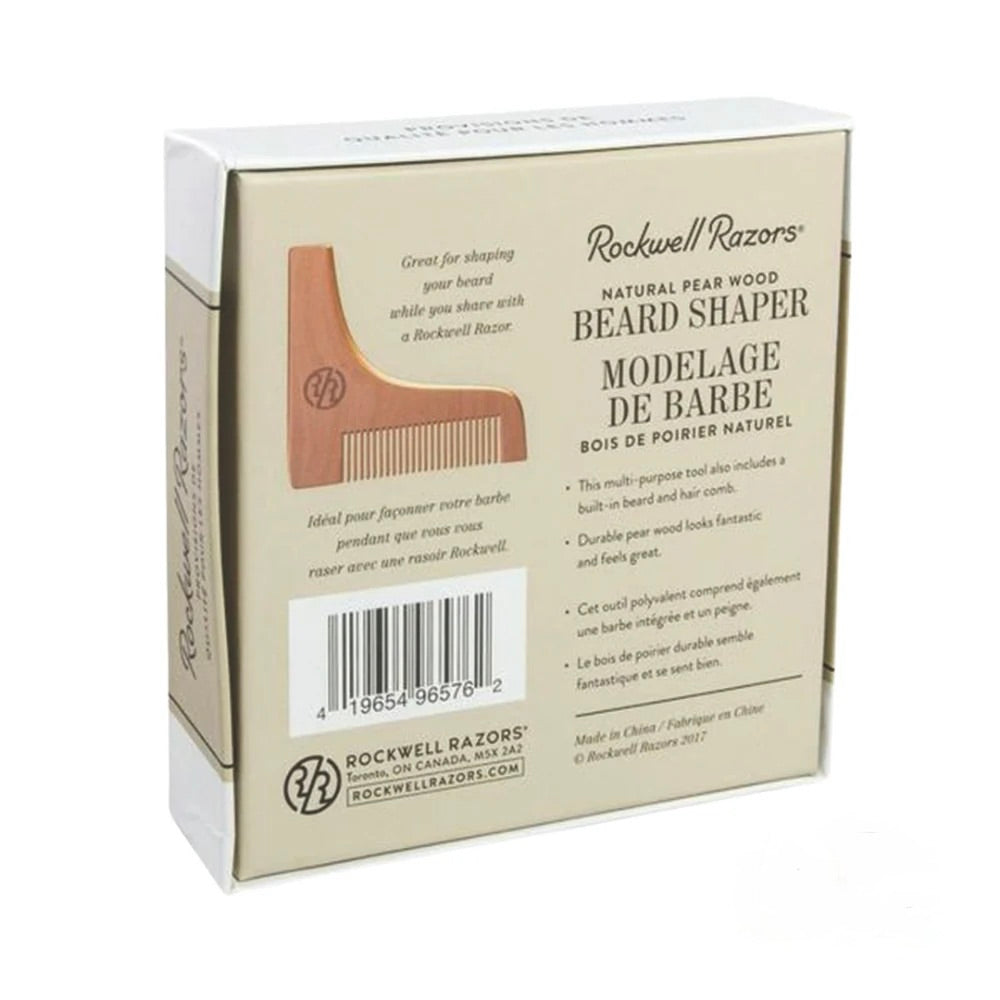Rockwell Razors Natural Pear Wood Beard Shaper retail packaging box, showing the beige cardboard back with product details, barcode, and a small illustration of the wooden comb.