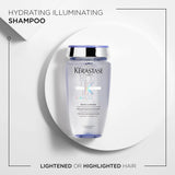 Kérastase shampoo bottle on a white background with text about hydrating and illuminating shampoo for lightened or highlighted hair.