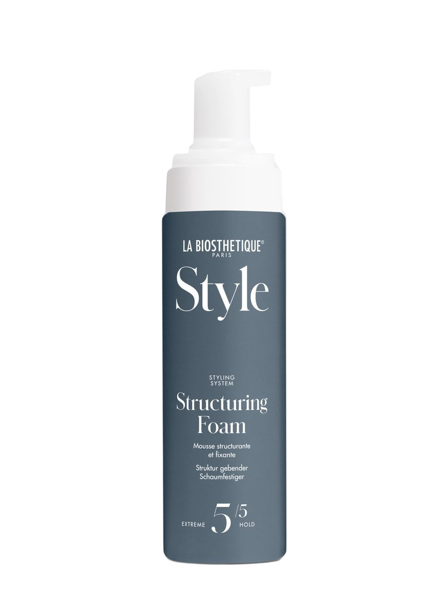 Structuring Foam to create Volume & Definition for All Hair Types. Product is La Biostethique